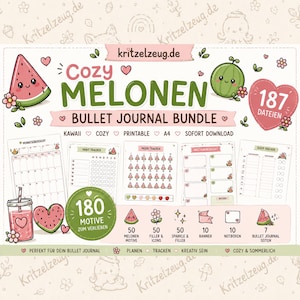 Cozy Melonen Bullet Journal Bundle | 180+ Kawaii Doodles, Wochenplaner, Monatsübersicht, Habit Tracker, Mood Tracker & Printable A4