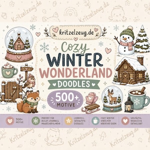 Könnte beinhalten: Eine digitale Sammlung winterlicher Illustrationen mit dem Titel Cozy Winter Wonderland Doodles mit 500+ Motive. Die Grafiken zeigen eine Schneekugel, einen Schneemann, eine Holzhütte, einen Fuchs, einen Vogel, Kakaotassen, Fäustlinge und einen Schlitten.