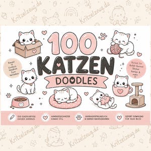 Könnte beinhalten: Eine digitale Illustration mit dem Titel 100 KATZEN DOODLES, die verschiedene weiße Katzen in einer zartrosa und schwarzen Farbpalette zeigt. Die Katzen sind im Cartoon-Stil dargestellt, spielen mit Garn, schlafen in einem Bett oder sitzen in einer Box.