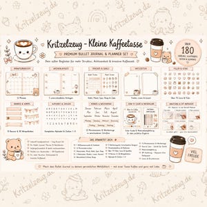 Op de afbeelding: Een Kritzelzeug Kleine Kaffeetasse premium bullet journal en planner set met meer dan 180 geïllustreerde pagina's en elementen. De set bevat maandoverzichten, weekindelingen, trackers, notitiepagina's, iconen, banners, alfabetten en DIY-gidsen.