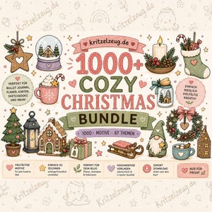 Könnte beinhalten: Eine digitale Illustration mit dem Titel 1000+ COZY CHRISTMAS BUNDLE, die verschiedene Weihnachtsmotive wie einen Stern, eine Schneekugel, eine Kerze, einen Strumpf, eine Tasse, ein Lebkuchenhaus, ein Geschenk, einen Schlitten, einen Wichtel und einen Kranz zeigt.