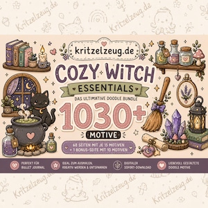 Könnte beinhalten: Ein digitales Doodle-Paket mit dem Titel Cozy Witch Essentials mit über 1030 Motiven. Die Illustration zeigt eine schwarze Katze, einen Kessel, Zaubertrankflaschen, Bücher, einen Besen, Kristalle und eine Laterne in sanften Farben.