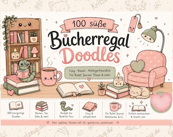 100 gribouillages douillets pour une bibliothèque | Modèles à imprimer pour Bullet Journal BookTok | Gribouillages kawaii sur le thème des livres et de la lecture | Journal de bibliothèque mignon | Téléchargement numérique