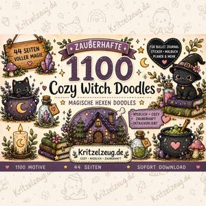 以下が含まれることがあります： 1100 Cozy Witch Doodlesと題されたデジタルコレクション。黒猫、大釜、クリスタル、本、キャンドル、コテージなどのイラストが44ページ分含まれています。デザインにはZauberhafte、Magische Hexen Doodles、Kritzelzeug.deといったテキストが含まれています。