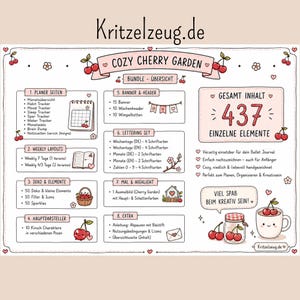 Könnte beinhalten: Eine digitale Planer-Übersicht mit dem Titel COZY CHERRY GARDEN von Kritzelzeug.de. Die Grafik zeigt acht Abschnitte mit 437 Elementen, darunter Planerseiten, Wochenlayouts, Deko-Elemente, Kirsch-Charaktere, Banner, Schriftarten und Highlights. Das Design verwendet eine zartrosa und weiße Farbpalette mit handgezeichneten Kirschillustrationen, einem Einmachglas und einer lächelnden Tasse.