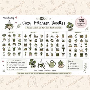 100  Pflanzen Doodles | 100 Kawaii Plant Stickers | Bullet Journal Printable |Monstera, Sukkulenten, Kakteen | Digital Download |Kritzelzeug