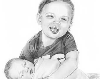 Children Portrait of two kids, Pencil Drawing from your photo, Sketch, Hand-drawn, Commission portraits, Art, Family portrait, Kids portrait