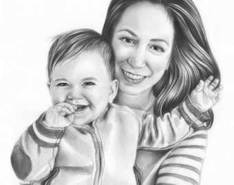 Retrato familiar personalizado dibujado a mano, arte realista a lápiz (11x8)