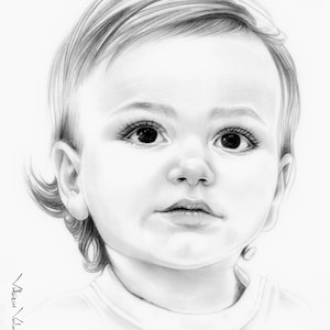 May include: A black and white pencil drawing of a young child with short hair. The child is looking directly at the viewer with a serious expression. The drawing is done in a realistic style.
