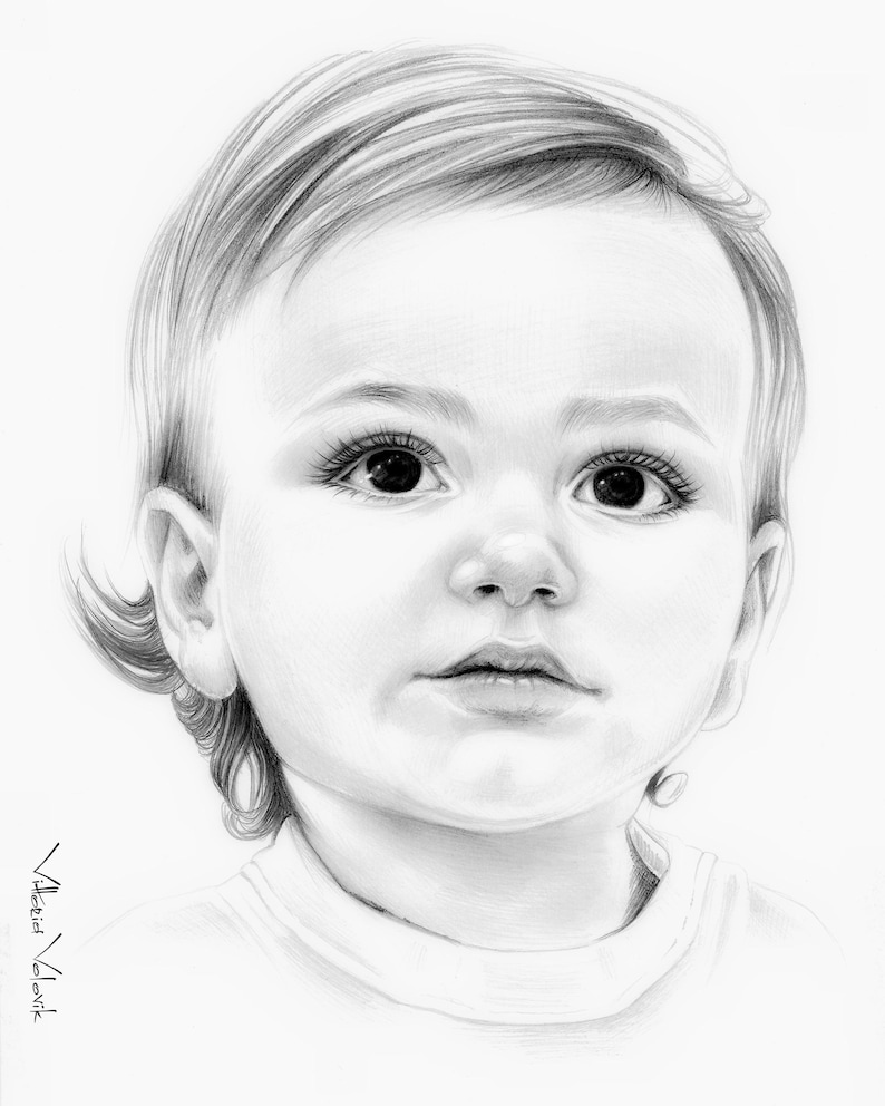 May include: A black and white pencil drawing of a young child with short hair. The child is looking directly at the viewer with a serious expression. The drawing is done in a realistic style.