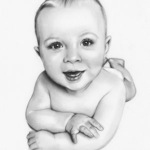 May include: A black and white pencil drawing of a baby lying on its stomach with its arms crossed. The baby is smiling and has a cute expression on its face.