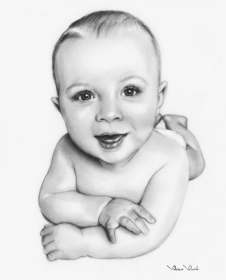 May include: A black and white pencil drawing of a baby lying on its stomach with its arms crossed. The baby is smiling and has a cute expression on its face.