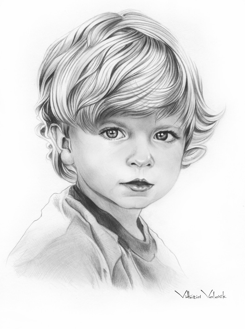 May include: A black and white pencil drawing of a young boy with short, wavy hair. He is looking directly at the viewer with a serious expression. The drawing is signed "Viktoria Volovik" in the bottom right corner.