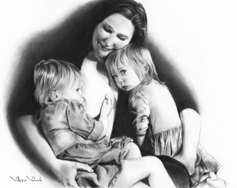Retrato familiar personalizado, retrato a lápiz dibujado a mano, dibujo a lápiz a partir de una foto, boceto, realista, retrato por encargo, arte, retrato familiar