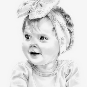 May include: A black and white pencil drawing of a baby girl with a big smile. She is wearing a white headband with a patterned design and a white shirt.
