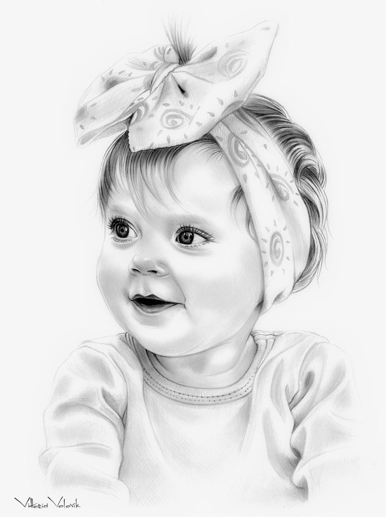 May include: A black and white pencil drawing of a baby girl with a big smile. She is wearing a white headband with a patterned design and a white shirt.