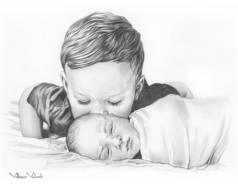 Children Portrait of two kids, Pencil Drawing from your photo, Sketch, Hand-drawn, Commission portraits, Art, Family portrait, Kids portrait