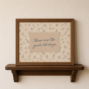 May include: A framed print with the text "these are the good old days." The print features a floral pattern in blue and cream. The frame is dark brown wood, and the print is displayed on a matching wooden shelf.