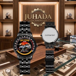May include: A black stainless steel wristwatch with a tachymeter bezel. The watch face features a graphic of a white sports car, a red sun, and the text JDM LEGEND and STREET ICON. A second view shows the plain white back casing with CUSTOM TEXT.