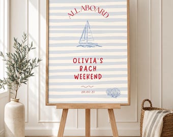 Nautical Bachelorette Welcome Sign Template, All Aboard Bach Weekend Poster, Beach Hens Party Decor, Editable Canva Welcome Sign