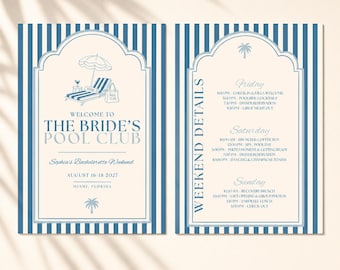 Modello di dettagli per weekend di addio al nubilato blu disegnato a mano, itinerario del club di biliardo della sposa, invito per addio al nubilato modificabile su Canva, addio al nubilato sulla costa