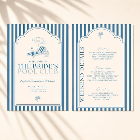 Hand Drawn Blue Bachelorette Weekend Details Template, Bride’s Pool Club Itinerary, Editable Canva Hens Party Invite, Coastal Bach Party