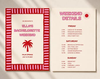 Palm Springs Bachelorette Invitation & Itinerary Template, Editable Canva Bach Weekend Invite, Pink Red 5x7 Party Set