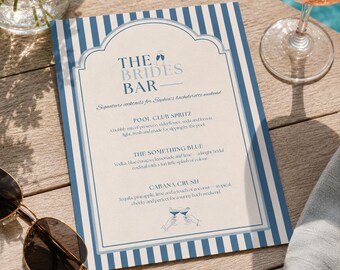 Modello di menu per cocktail di addio al nubilato blu disegnato a mano, cartello per cocktail del bar della sposa, menu per festa di addio al nubilato a tema biliardo modificabile su Canva