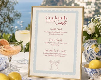 Cocktails on the Coast Drinks Menu Template | Editable Canva Cocktail Sign | 8x10 Bachelorette Bar Menu | Coastal Bridal Weekend