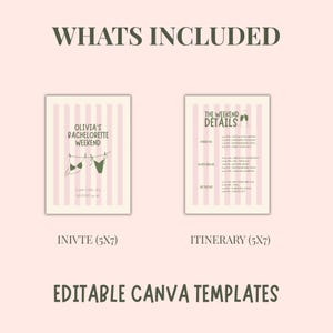 May include: Two 5x7 inch editable Canva templates featuring a light pink and white striped background. The left template displays 'Olivia's Bachelorette Weekend', 'Cape Cod, MA', 'August 14-16', and a bikini illustration. The right lists 'The Weekend Details'.