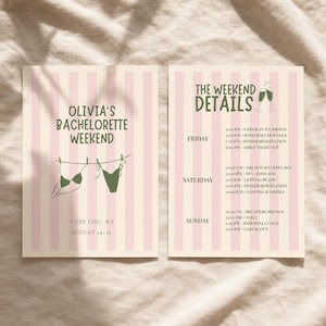 May include: Two rectangular cards with a light pink and white vertical striped background. The left card reads Olivia's Bachelorette Weekend, Cape Cod, MA, August 14-16, with a clothesline graphic featuring a green bikini. The right card lists weekend details.