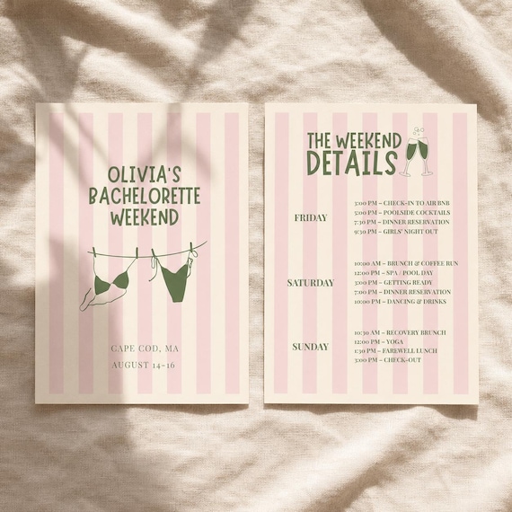 Cape Cod Bachelorette Invitation & Itinerary Template, Editable Canva Hen Party Weekend Invite, Pink Stripe Beach Bach Party Bundle