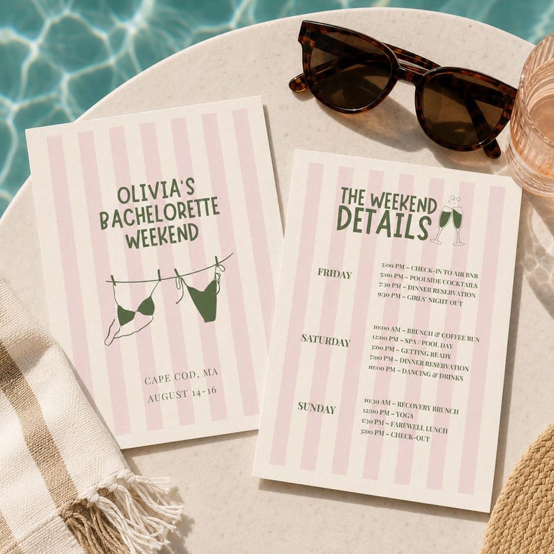 May include: Two rectangular cards with light pink vertical stripes. The first card reads Olivia's Bachelorette Weekend, Cape Cod, MA, August 14-16, with a bikini illustration. The second card lists The Weekend Details for Friday, Saturday, and Sunday.