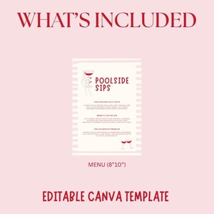 Puede incluir: Una plantilla de men&uacute; rosa de 20 cm x 25 cm titulada POOLSIDE SIPS con una mano sosteniendo una copa de c&oacute;ctel, tres descripciones de bebidas y dos copas brindando. El texto incluye WHAT'S INCLUDED y EDITABLE CANVA TEMPLATE en fondo rosa.