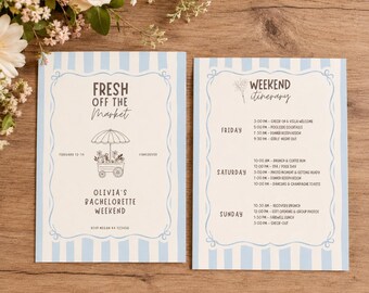 Fresh Off the Market Invitation & Itinerary Template | Editable Canva Bachelorette Invite | Blue Farmers Market Bach Weekend | Hand Drawn