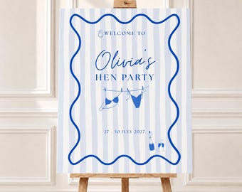 Blue Coastal Hen Party Welcome Sign Template | Editable Canva Bach Welcome Poster | Hand Drawn Bridal Weekend Sign | Beach Hen Party Decor