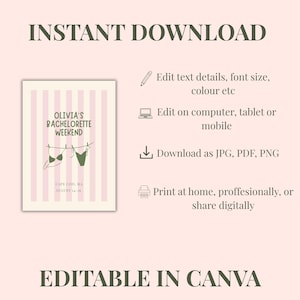 May include: A digital invitation template featuring vertical pink stripes and a line drawing of a bikini on a clothesline. Text reads: INSTANT DOWNLOAD, OLIVIA'S BACHELORETTE WEEKEND, CAPE COD, MA, AUGUST 14-16, EDITABLE IN CANVA, and editing instructions.