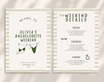 Invito e programma per weekend di addio al nubilato color verde salvia / Invito per addio al nubilato modificabile su Canva / Viaggio tra ragazze a Palm Beach / Matrimonio sulla costa