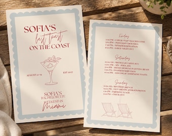 Invito e programma per addio al nubilato "Ultimo brindisi sulla costa" / Invito modificabile per weekend di addio al nubilato su Canva / Modello per matrimonio in stile costiero