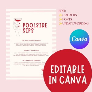 Puede incluir: Una plantilla de men&uacute; digital titulada POOLSIDE SIPS con una ilustraci&oacute;n de copa de c&oacute;ctel y tres descripciones de bebidas. El texto incluye EDIT: COLOURS, FONTS, UPDATE WORDING, un logo azul de Canva y un c&iacute;rculo rojo EDITABLE IN CANVA.