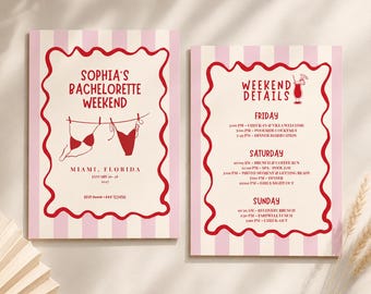 Invito e programma per un weekend di addio al nubilato in rosa / Invito modificabile per addio al nubilato su Canva / Dettagli per un weekend tra amiche / Weekend di addio al nubilato a Miami