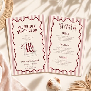 Może przedstawiać: Dwie prostokątne karty z kremowym tłem i pionowymi wrzosowymi paskami. Lewa karta zawiera napis THE BRIDES BEACH CLUB, OLIVIA'S BACHELORETTE WEEKEND, PALM BEACH, FLORIDA, AUGUST 21-23 2026, RSVP +22 123 456 oraz ilustrację leżaka plażowego.