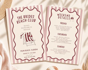 Beach Bachelorette Invitation Template, Beach Club Hens Party Invite, Editable Canva Bach Weekend Itinerary, Pool Party Invite