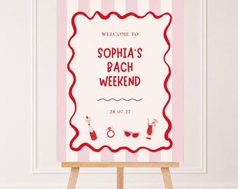 Pink Bachelorette Welcome Sign Template | Editable Canva Bach Weekend Sign | Hand Drawn Bridal Welcome Poster | Stripe Party Sign Decor
