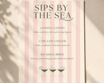 Cape Cod Drinks Menu Template, Editable Canva Cocktail Sign, Pink Stripe Bachelorette Bar Menu, Coastal Bach Party Decor