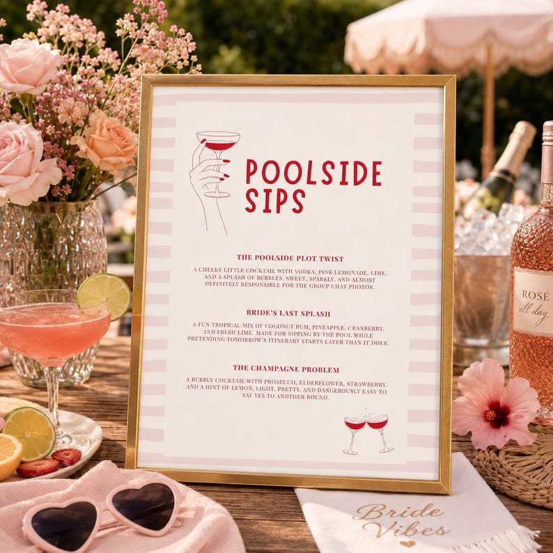Plantilla de menú de bebidas para disfrutar junto a la piscina / Menú de cócteles editable en Canva para despedida de soltera / Menú de bar para despedida de soltera en Palm Springs / Letrero de bebidas para fin de semana de chicas imagen 4