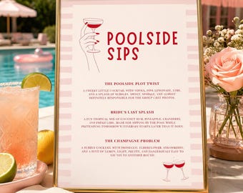 Poolside Sips Drinks Menu Template | Editable Canva Bachelorette Cocktail Menu | Palm Springs Hen Party Bar Menu | Girls Weekend Drinks Sign