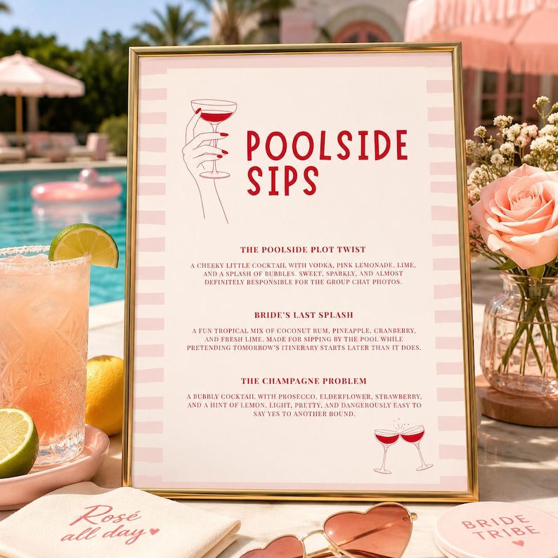 Plantilla de menú de bebidas para disfrutar junto a la piscina / Menú de cócteles editable en Canva para despedida de soltera / Menú de bar para despedida de soltera en Palm Springs / Letrero de bebidas para fin de semana de chicas imagen 1