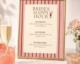 Bride’s Happy Hour Drinks Menu Template, Editable Canva Cocktail Sign, Bachelorette Party Bar Menu, Pink Stripe Wedding Weekend Decor