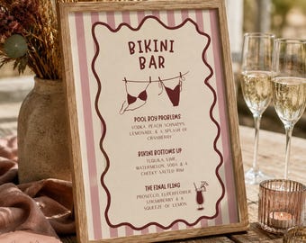 Bikini Bar Drinks Menu Template, Pink Bachelorette Cocktail Menu, Poolside Bach Party Bar Sign, Editable Canva Hens Party Decor